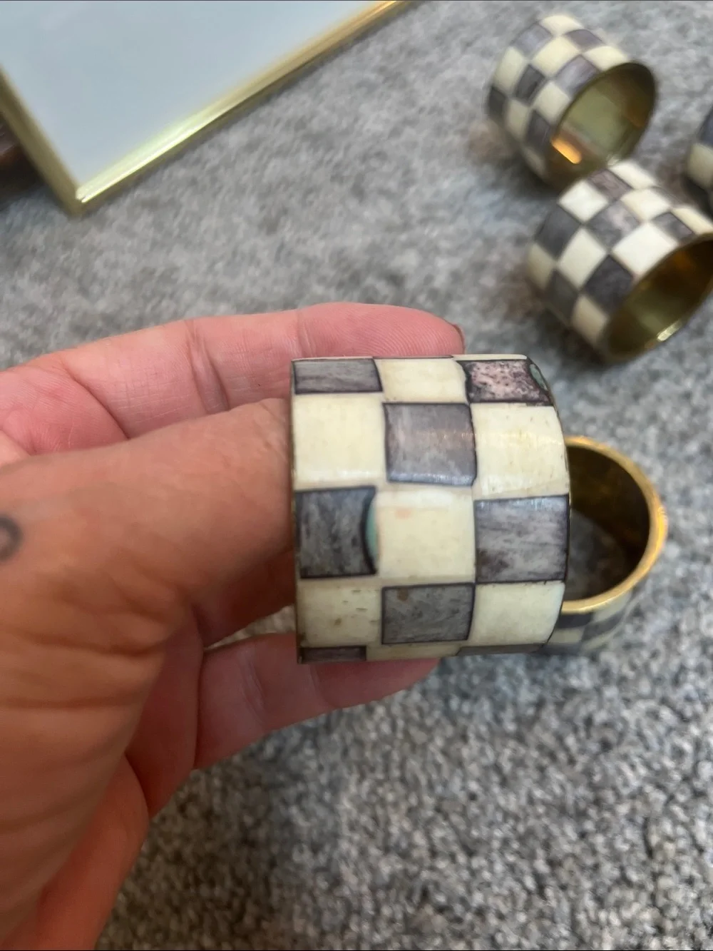 Checkerboard Napkin Rings Ivory and Gray Set of 5